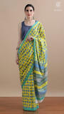 Yellow & Blue Elephant Pattern Handblocked Pure Mul Cotton Saree