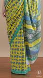 Yellow & Blue Elephant Pattern Handblocked Pure Mul Cotton Saree