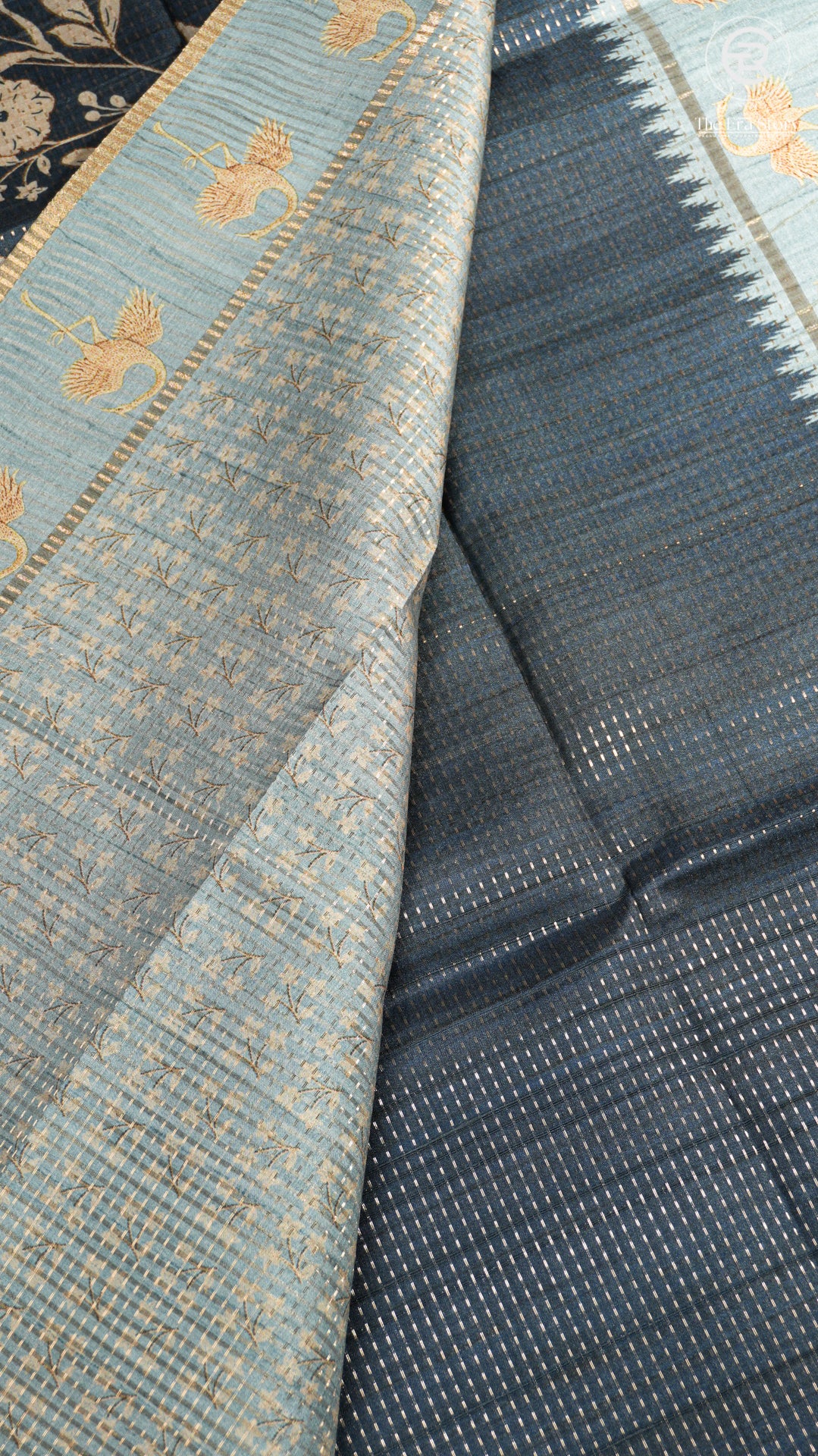 Indigo Blue & Soft Blue Floral Kantha Matka Tussar Silk Saree