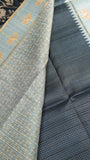 Indigo Blue & Soft Blue Floral Kantha Matka Tussar Silk Saree