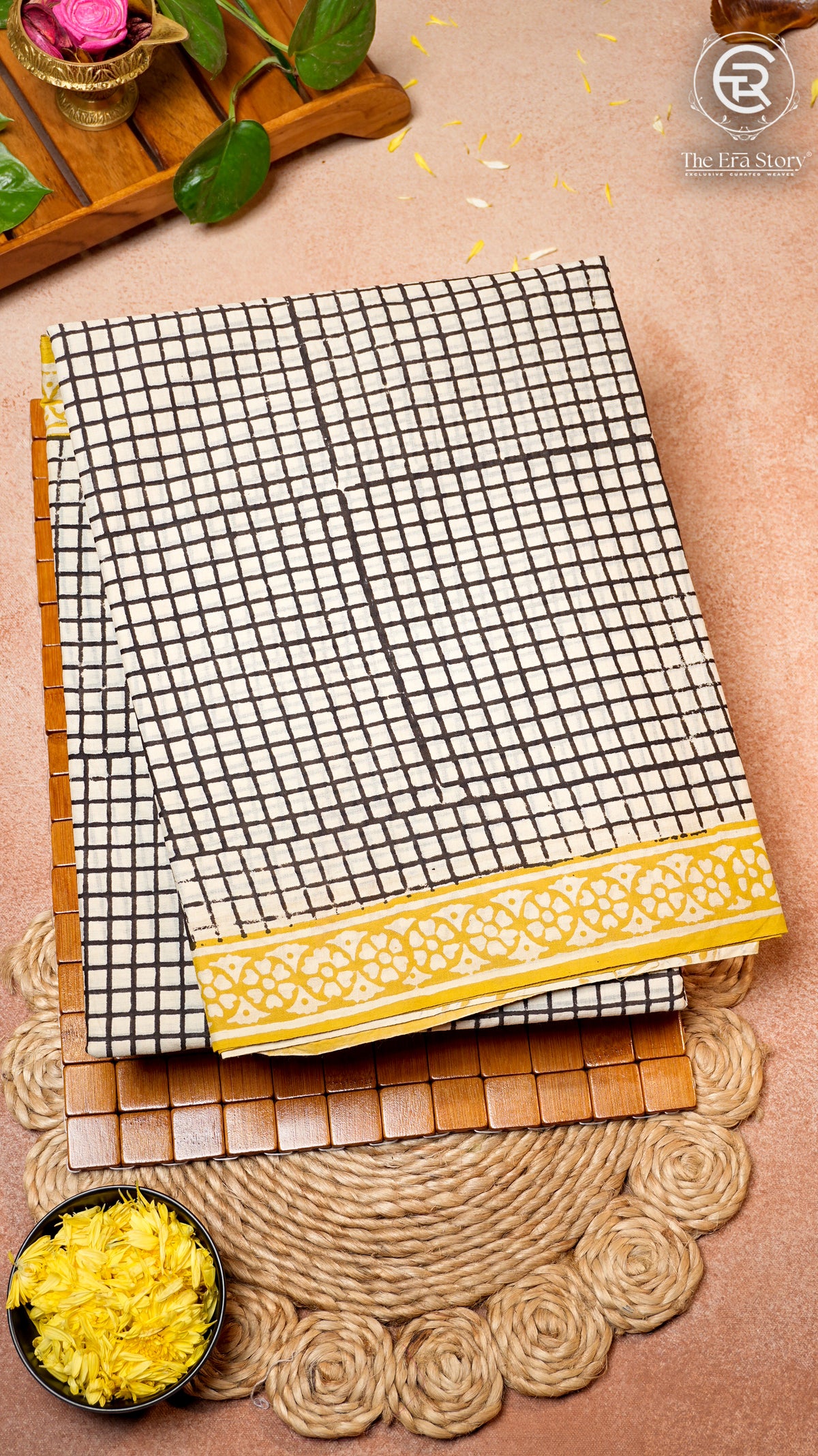 White and Yellow Checkered Handblocked Pure Cotton Sarees