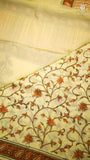 Pale Yellow Vine Floral Handblocked Pure Mul Cotton Saree