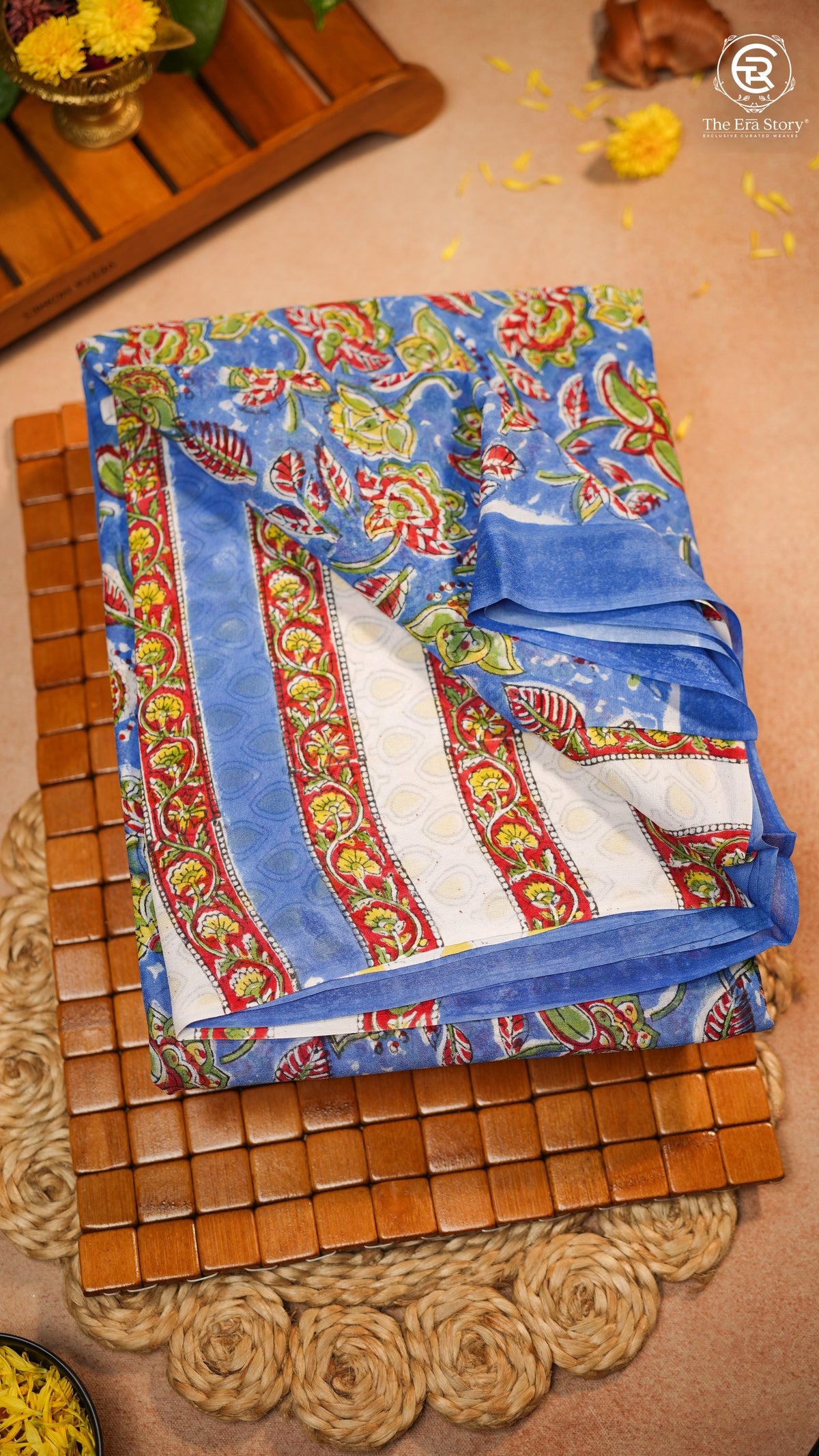 Blue Green & Red Kalamkari Floral Handblocked Pure Georgette Saree
