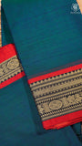Teal Blue & Red Peacock Floral Border Handloom Narayanpet Cotton Saree