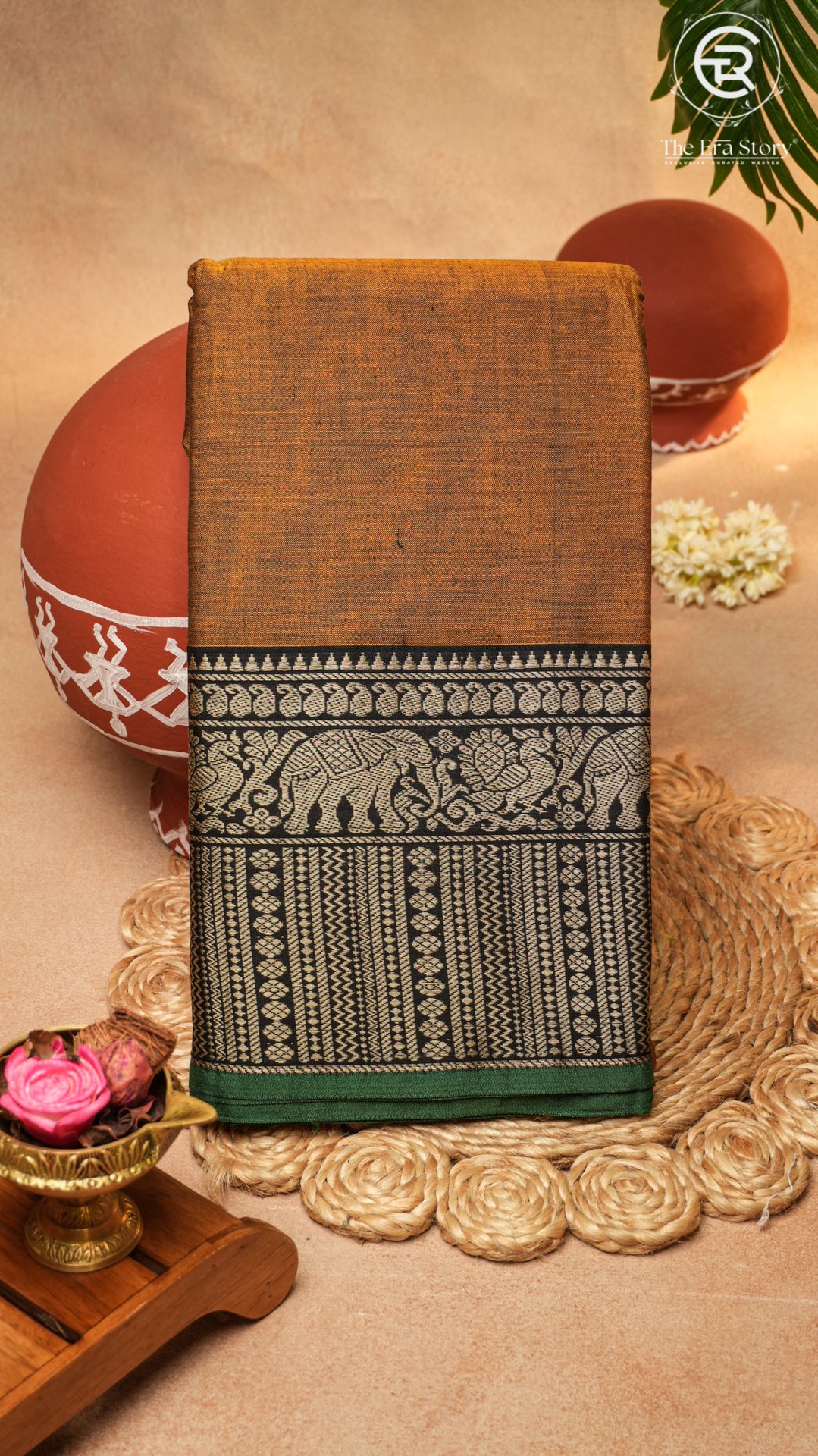 Mustard Gold Elephant & Peacock Border Handloom Narayanpet Cotton Saree