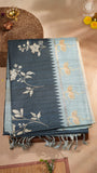 Indigo Blue & Soft Blue Floral Kantha Matka Tussar Silk Saree