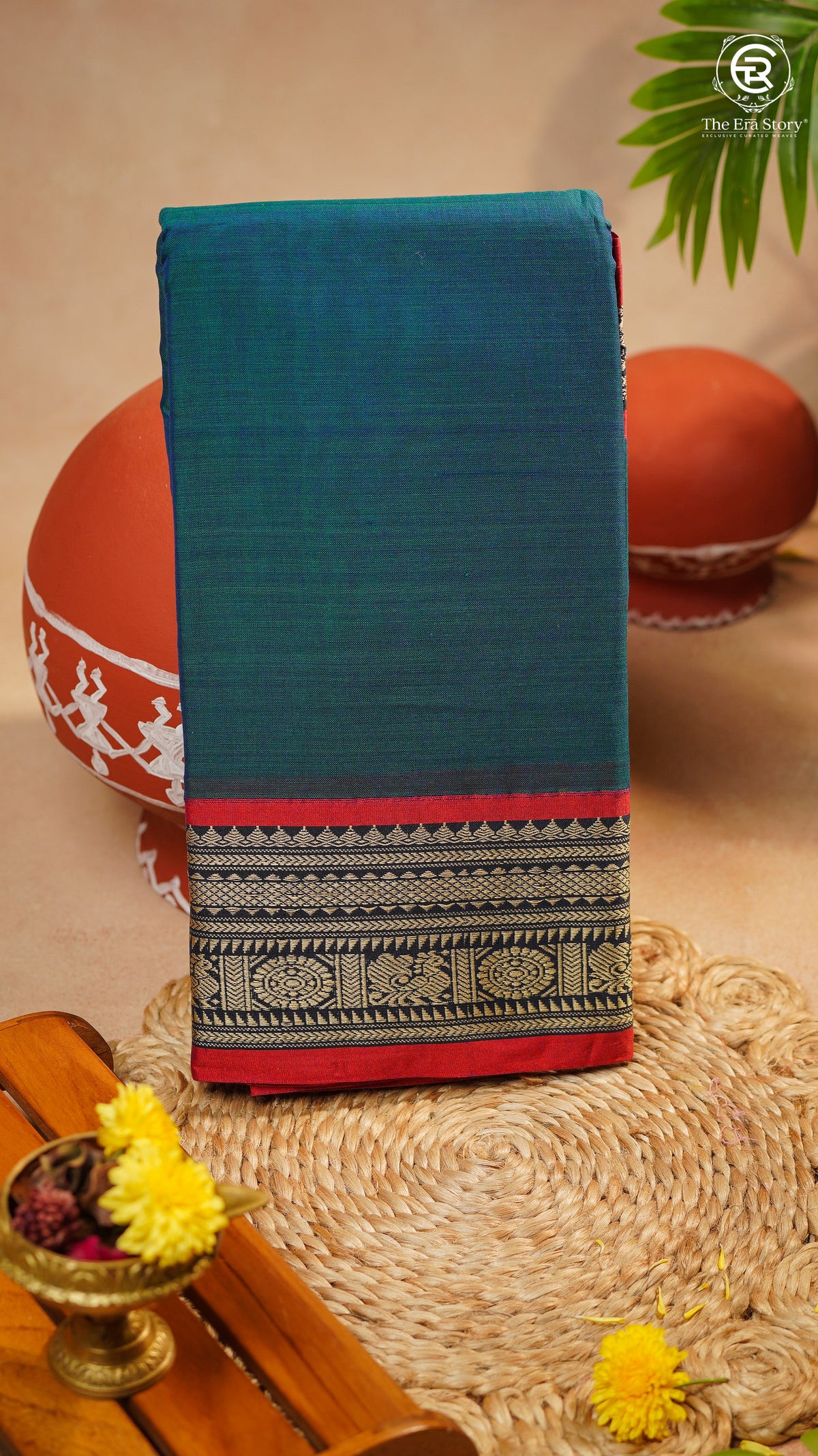Teal Blue & Red Peacock Floral Border Handloom Narayanpet Cotton Saree