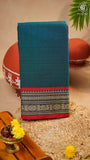 Teal Blue & Red Peacock Floral Border Handloom Narayanpet Cotton Saree