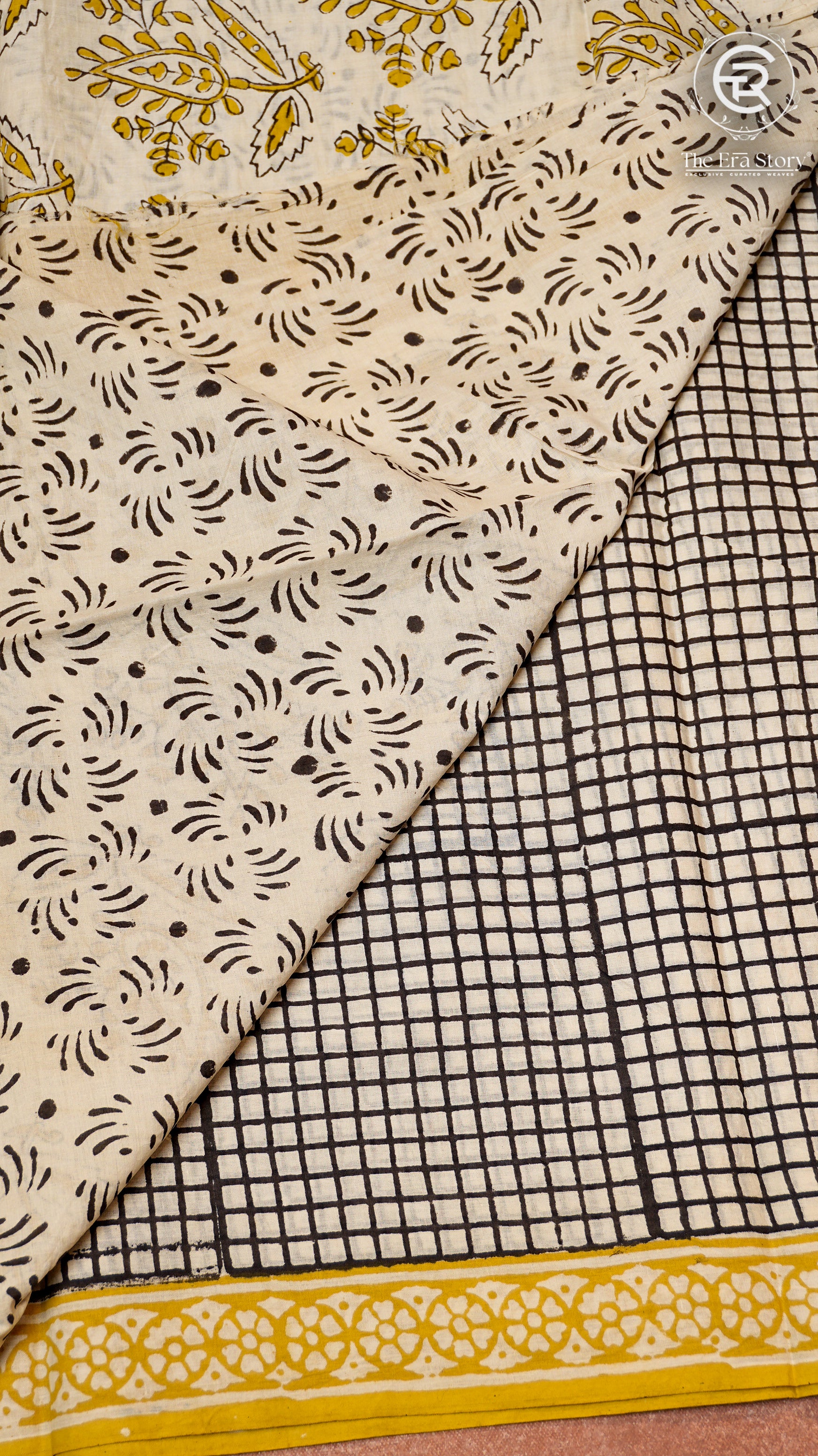 White and Yellow Checkered Handblocked Pure Cotton Sarees
