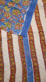 Blue Green & Red Kalamkari Floral Handblocked Pure Georgette Saree