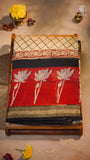Beige Black & Maroon  Handblock Maheshwari Silk Cotton Saree