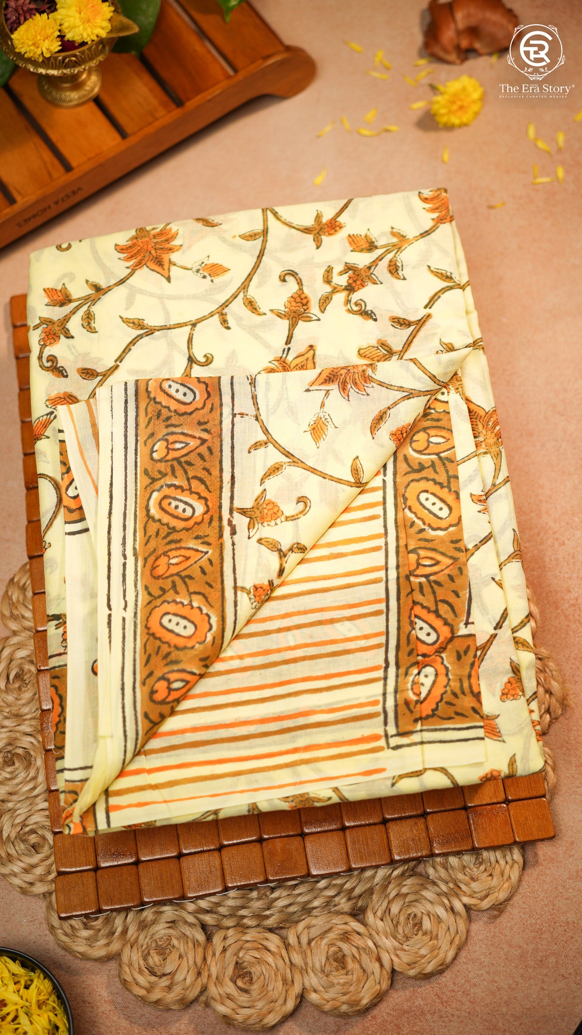 Pale Yellow Vine Floral Handblocked Pure Mul Cotton Saree