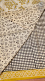 White and Yellow Checkered Handblocked Pure Cotton Sarees