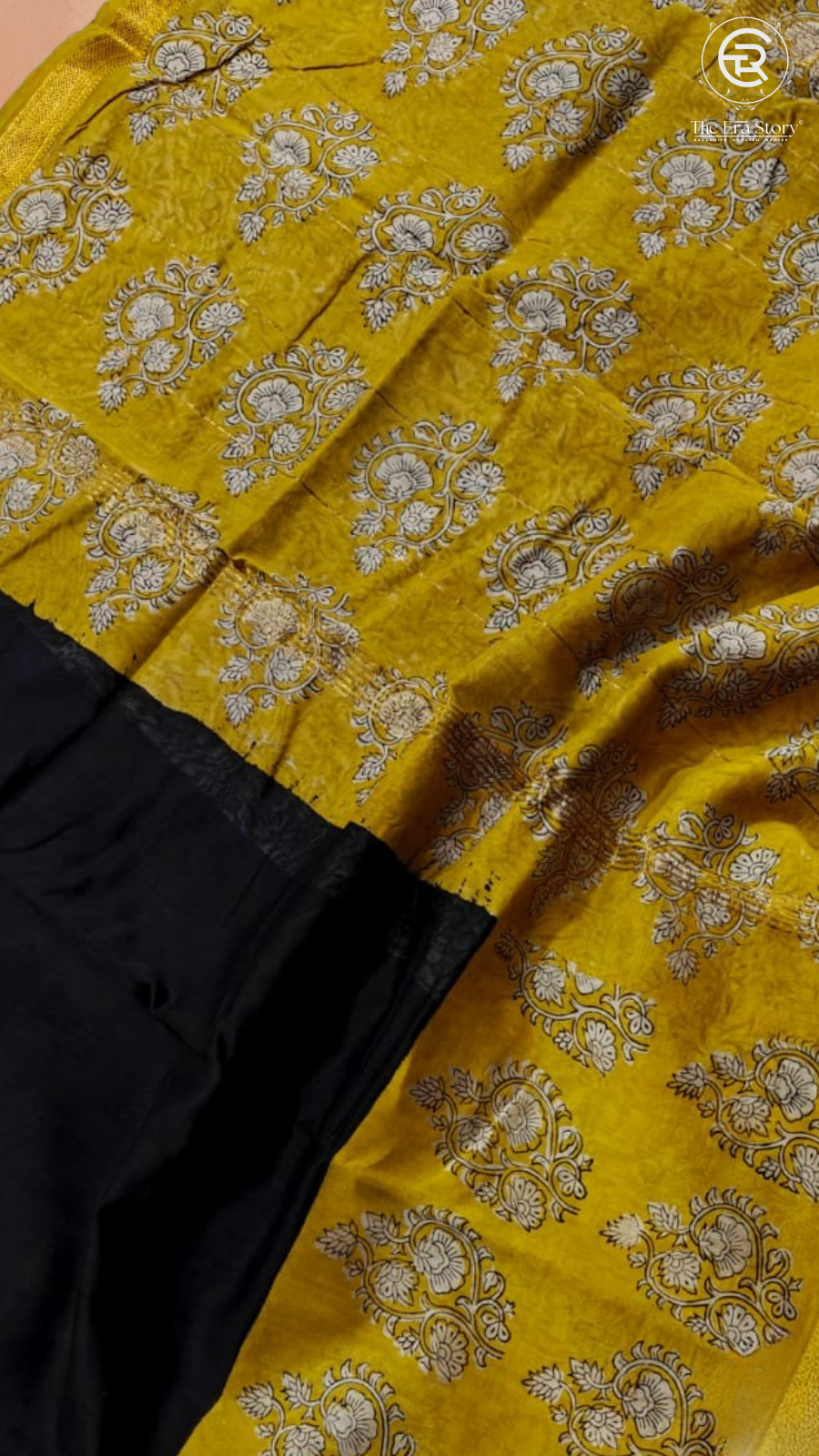 Black & Yellow Floral Handblocked Pure Maheshwari Cotton Sarees