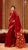 Red Gold Silver Floral Tussar Silk Saree
