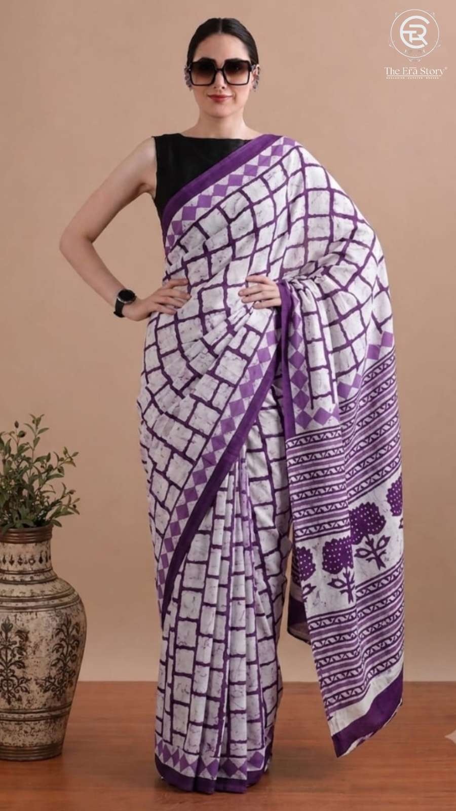 White & Purple Contemporary Handblocked Pure Mul Cotton Saree