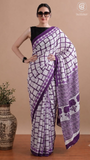 White & Purple Contemporary Handblocked Pure Mul Cotton Saree