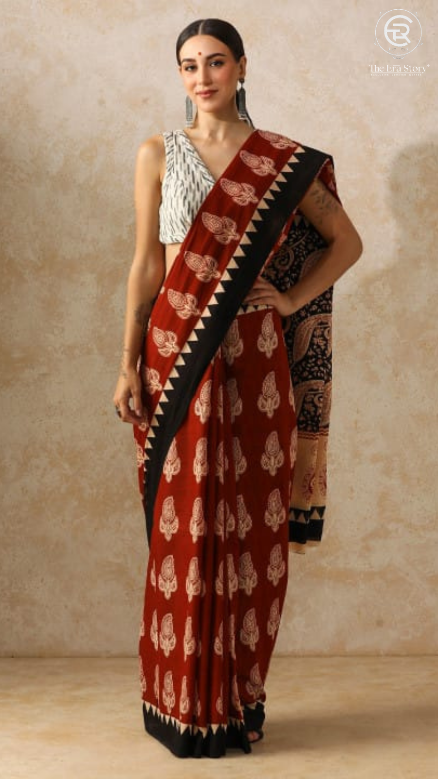Red & Beige Mango Floral Handblocked Pure Mul Cotton Saree