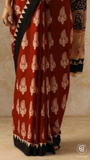 Red & Beige Mango Floral Handblocked Pure Mul Cotton Saree