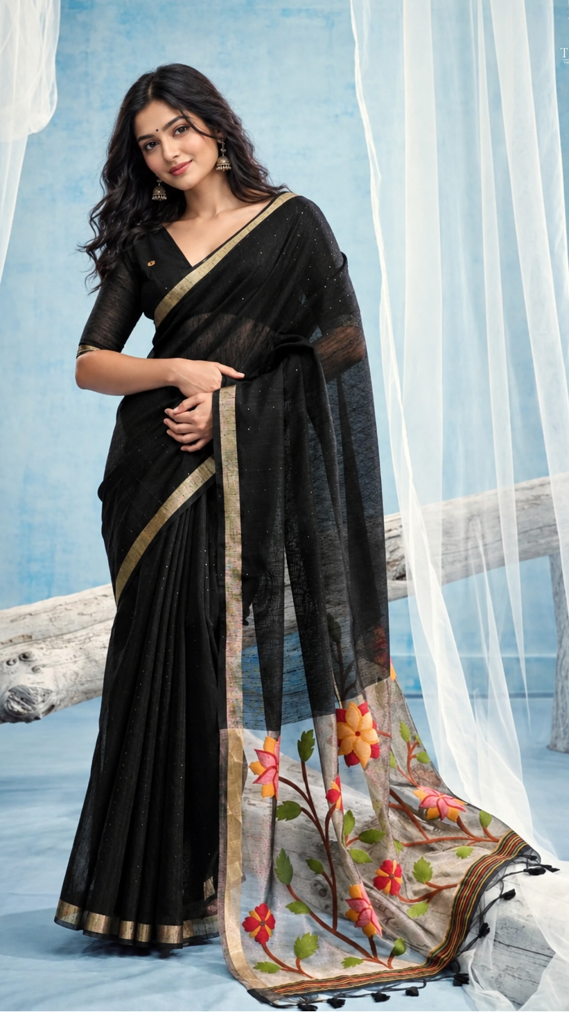Black & Gold Multicolor Floral Tussar Silk Saree