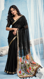 Black & Gold Multicolor Floral Tussar Silk Saree