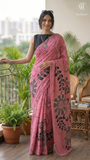 Pink Sunflower Floral Handblocked Pure Mul Cotton Saree