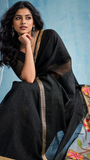Black & Gold Multicolor Floral Tussar Silk Saree