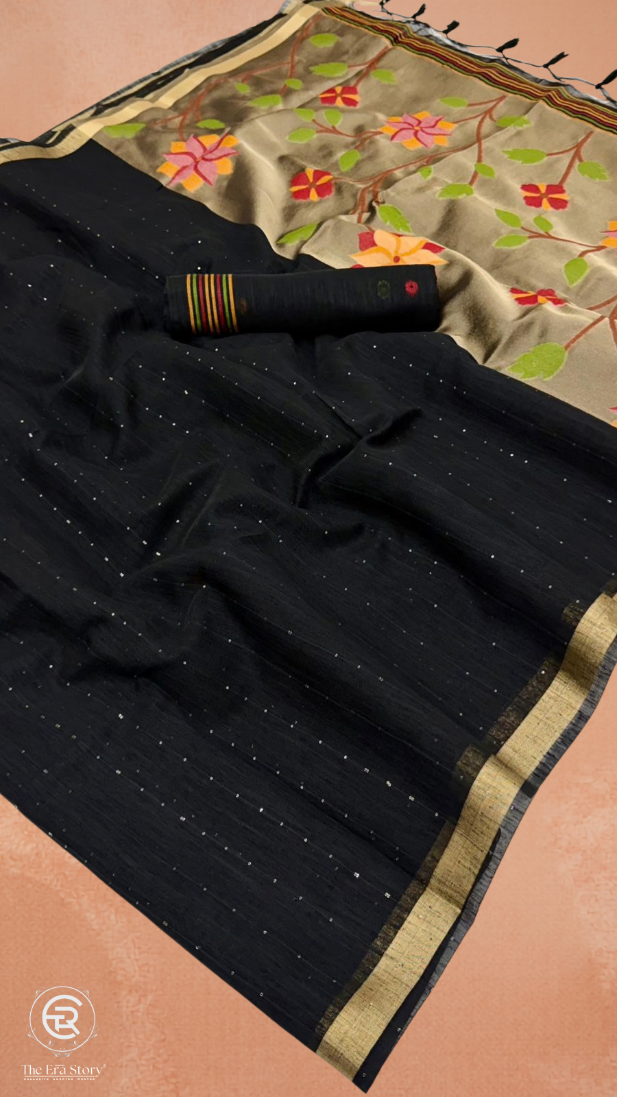 Black & Gold Multicolor Floral Tussar Silk Saree