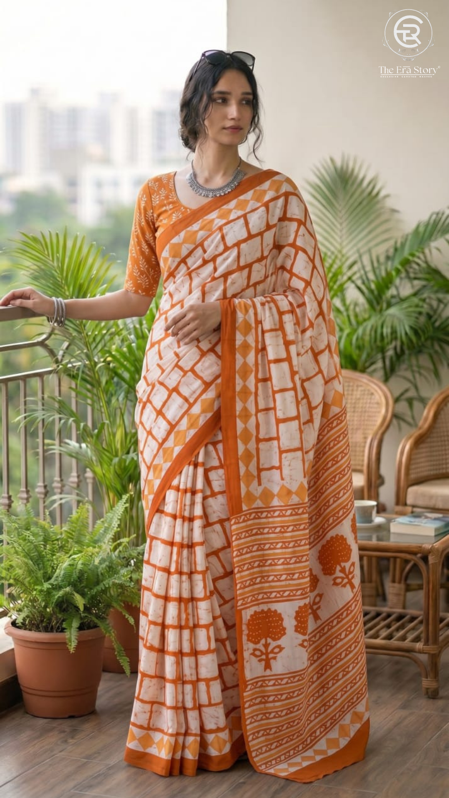 White & Orange Contemporary Handblocked Pure Mul Cotton Saree