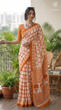 White & Orange Contemporary Handblocked Pure Mul Cotton Saree