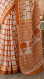White & Orange Contemporary Handblocked Pure Mul Cotton Saree