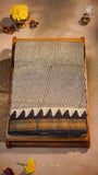 White & Black Line Patterned Handblocked Pure Maheshwari Cotton Saree