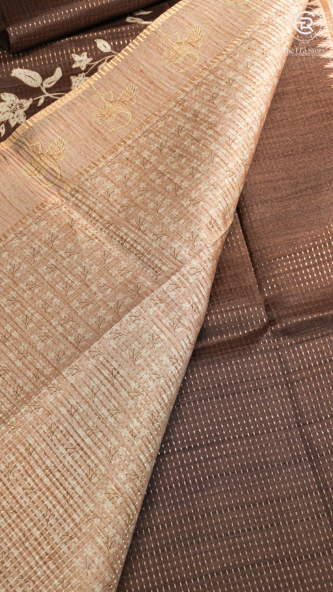 Brown & Beige Floral Kantha Matka Tussar Silk Saree