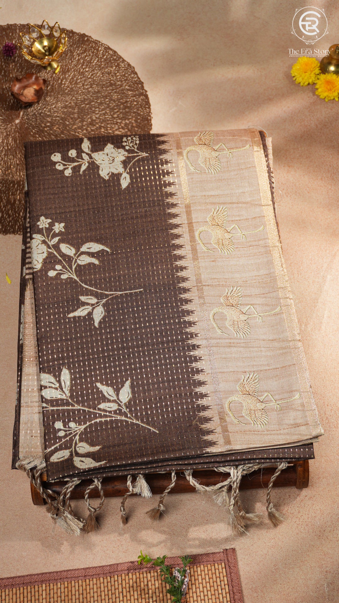 Brown & Beige Floral Kantha Matka Tussar Silk Saree