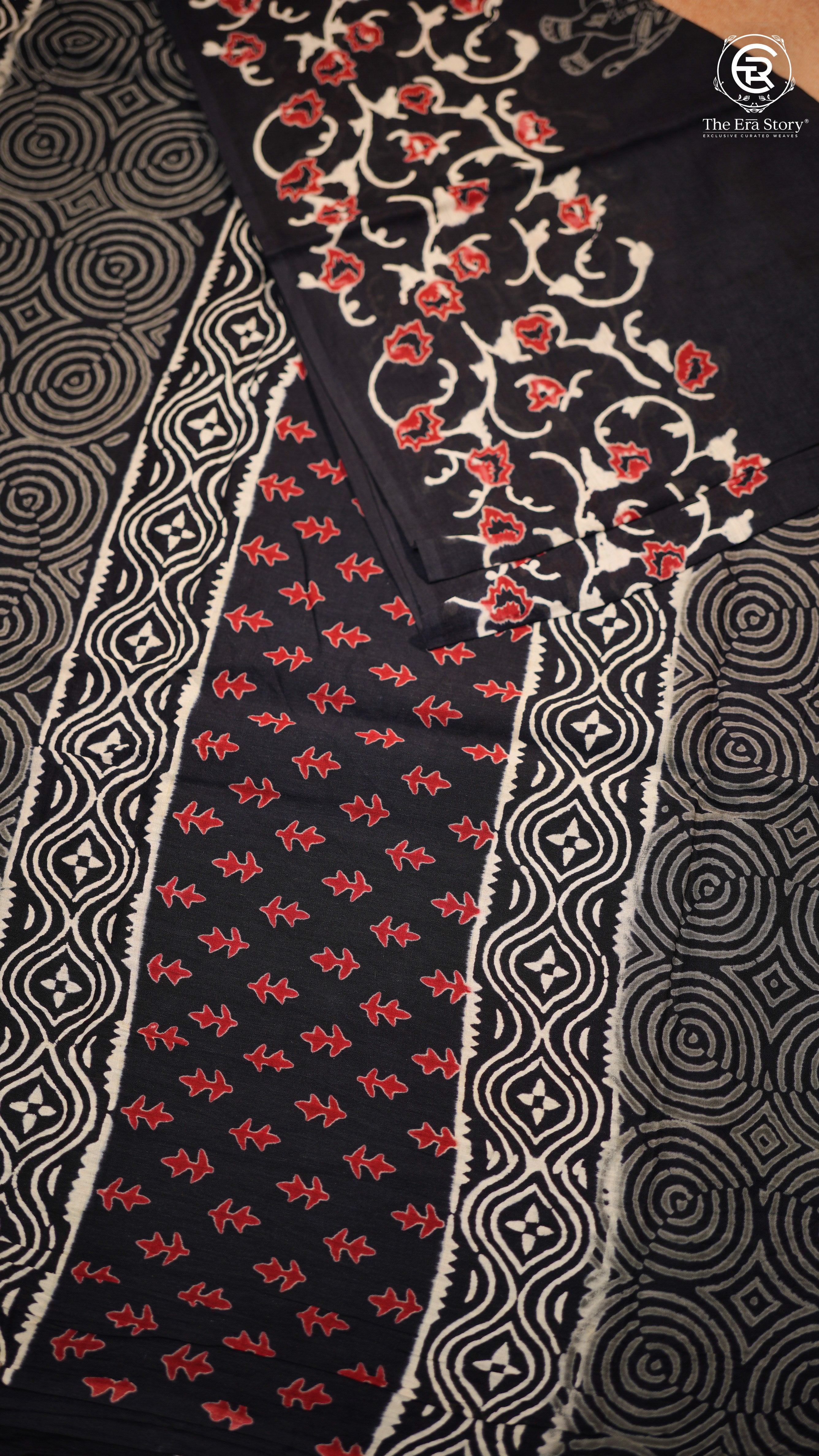 Black Floral Handblocked Pure Mul Cotton Saree