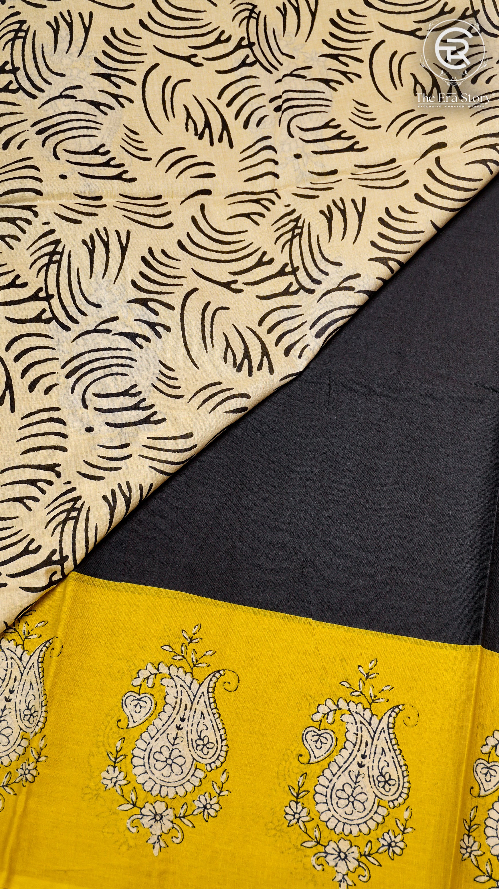 Black and Yellow Floral Handblocked Pure Cotton Saree