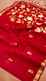 Red Gold Silver Floral Tussar Silk Saree