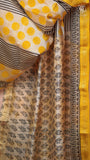 Beige & Yellow Polka Contemporary Handblocked Pure Maheshwari Cotton Saree