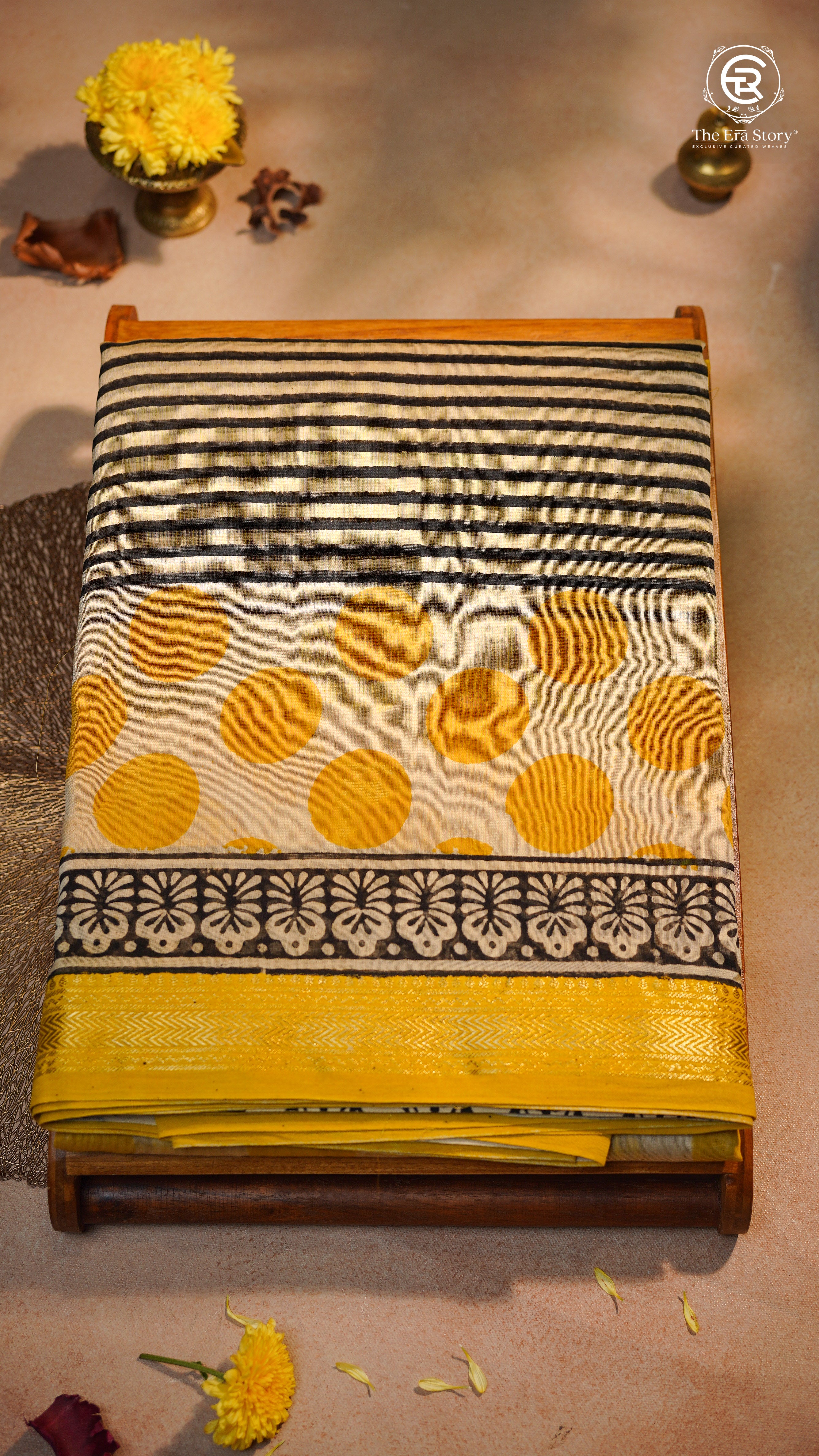 Beige & Yellow Polka Contemporary Handblocked Pure Maheshwari Cotton Saree