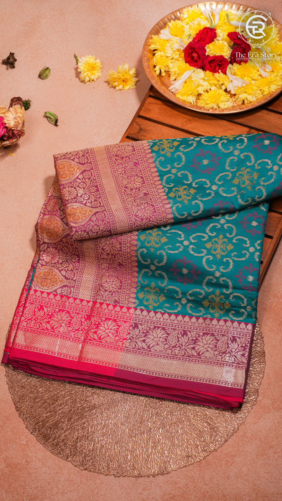 Turquoise Blue and Pink Zari Weaved Banarasi Silk Saree