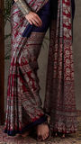 Blue and Red Ajrakh Satin Crepe Silk Saree