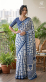 White & Blue Contemporary Handblocked Pure Mul Cotton Saree
