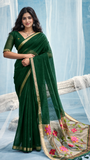 Green & Gold Multicolor Floral Tussar Silk Saree