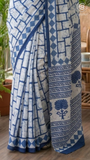 White & Blue Contemporary Handblocked Pure Mul Cotton Saree