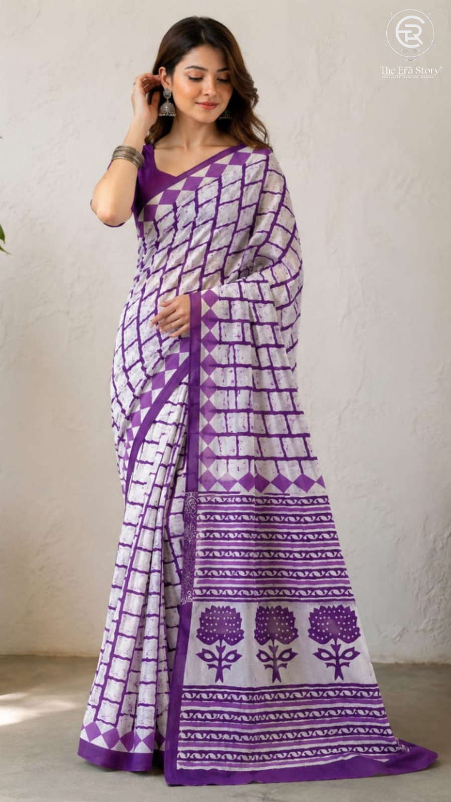 White & Purple Contemporary Handblocked Pure Mul Cotton Saree