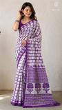 White & Purple Contemporary Handblocked Pure Mul Cotton Saree