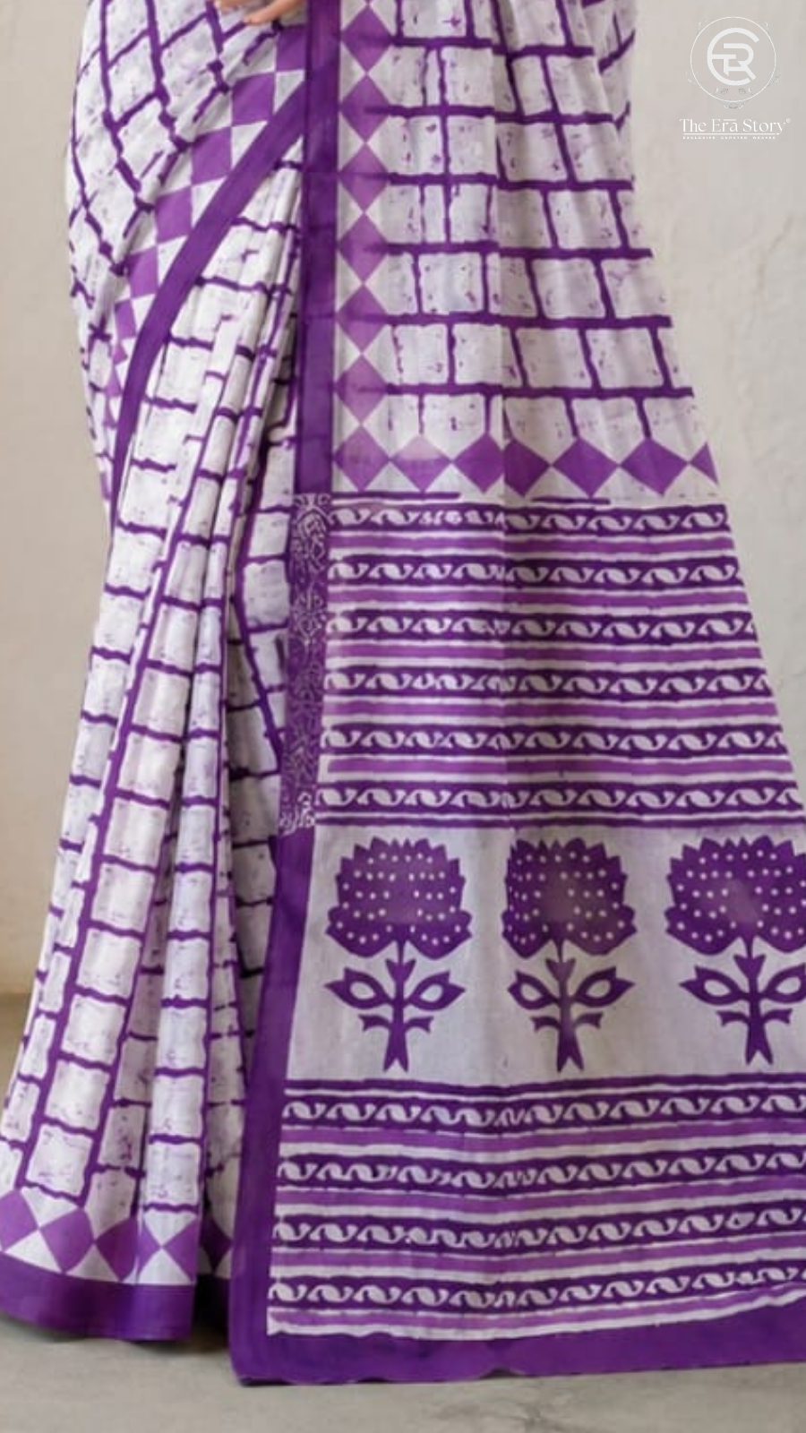 White & Purple Contemporary Handblocked Pure Mul Cotton Saree