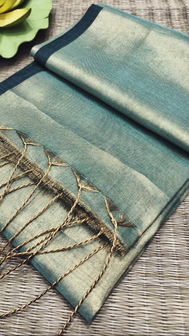 Mint Green with Blue Border Tissue Khadi Cotton Saree