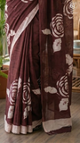 Brown Rose Floral Handblocked Pure Mul Cotton Saree