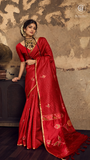 Red & Gold Kantha Ikkat Parrot Tussar Silk Saree